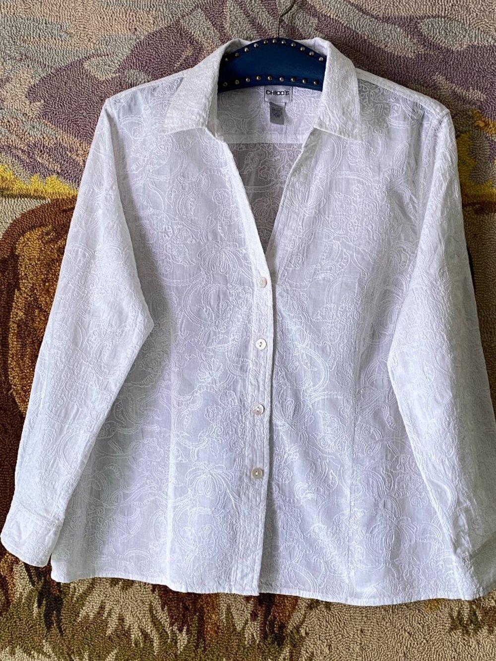 Chicos Sz 3 (XL-L) White Embroidered Blouse Button Up Shirt Long Sleeve Cotton